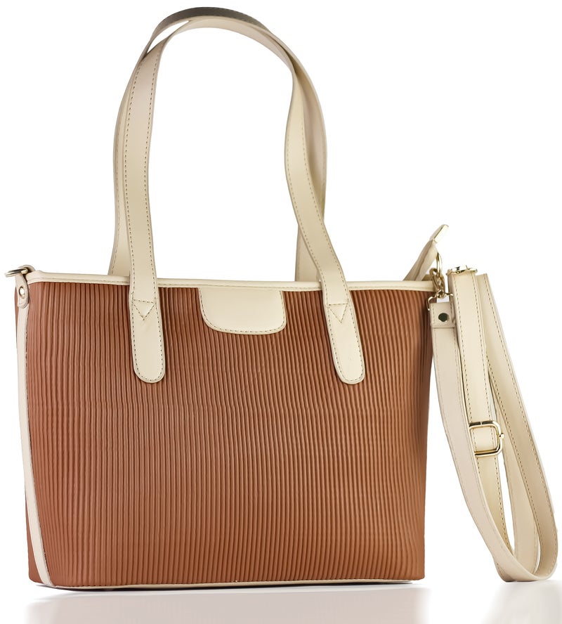 حقيبة يد نسائية فاخرة ذات ملمس مضلع - حقيبة يد أنيقة بلونين مع حزام كتف قابل للفصل - بني فاتح وبيج - Image 1